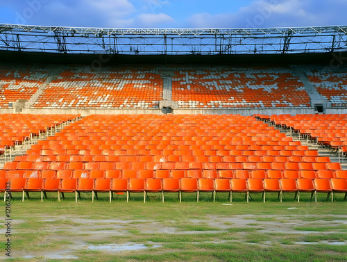 Empty Orange Seats Fill a Stadium Under a Cloudy Blue Sky on a Sunny Day photo