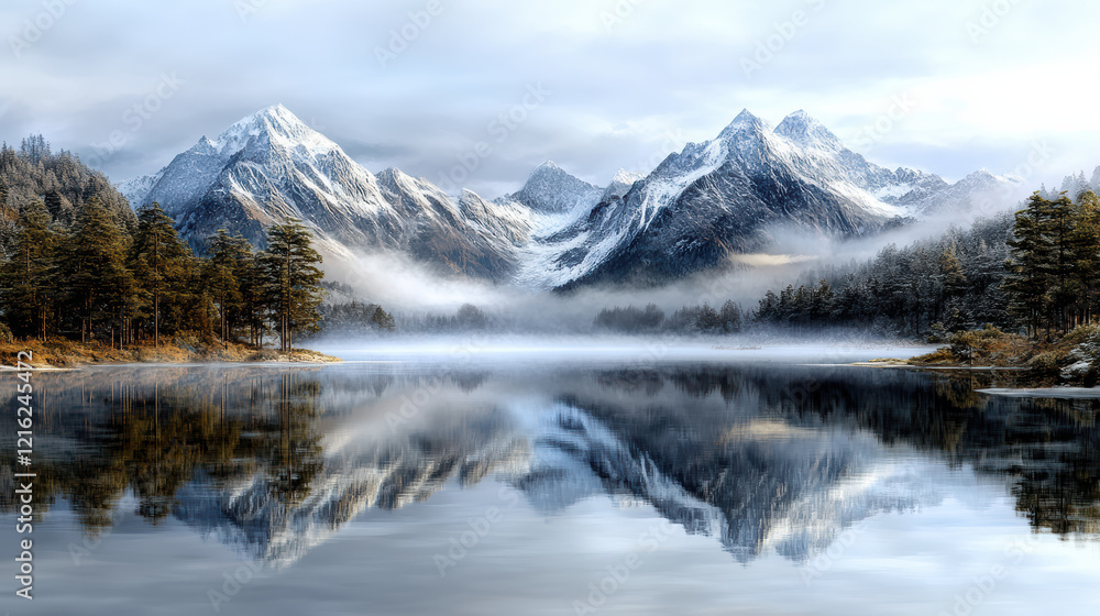serene lake reflecting majestic mountains and misty trees serene lake reflecting majestic mountains and misty trees