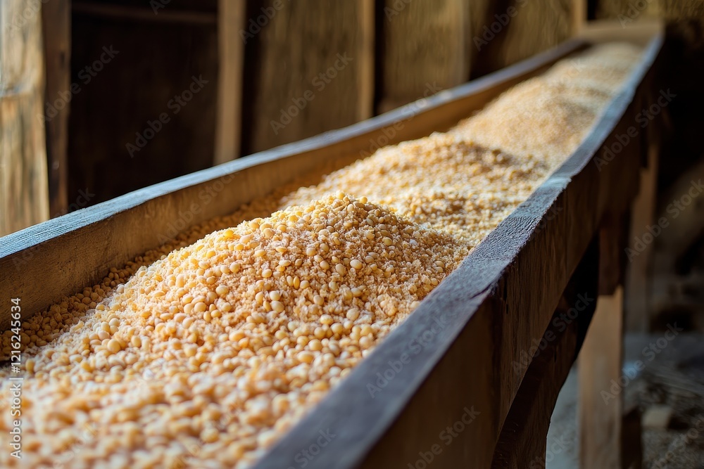 Soybean meal fills a rustic wooden trough. Shows the agricultural process of soybean harvesting and preparation. Soybean meal fills a rustic wooden trough. Shows the agricultural process of soybean harvesting and preparation.