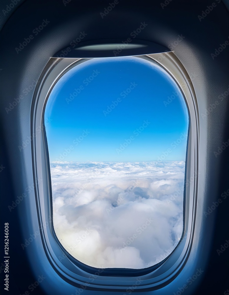 A stunning view from an airplane window showing a clear blue sky and fluffy white clouds below, capturing the serene beauty of flying above the clouds A stunning view from an airplane window showing a clear blue sky and fluffy white clouds below, capturing the serene beauty of flying above the clouds