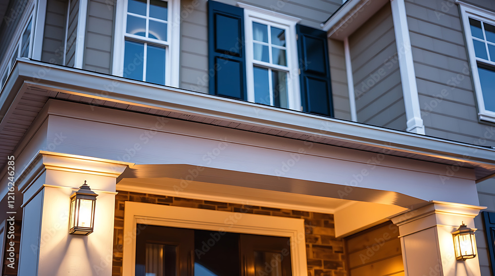 Fototapeta premium Evening view of a charming house exterior with illuminated porch, showcasing beautiful architectural details and warm lighting. Perfect for real estate or home design websites.