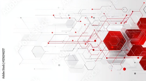 Abstract red and grey tech background with hexagons and lines.