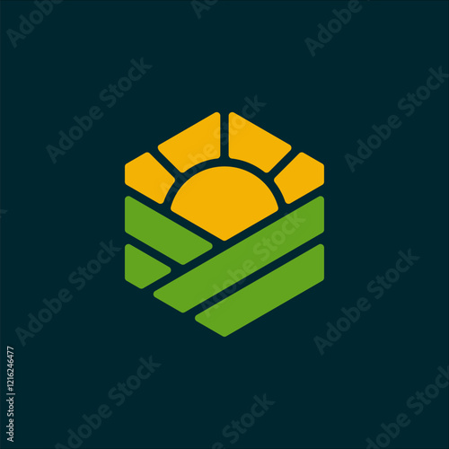 Modern Agriculture Logo. Sun and Farm in Hexagon Shape Icon Vector Template with Mosaic Design Style 