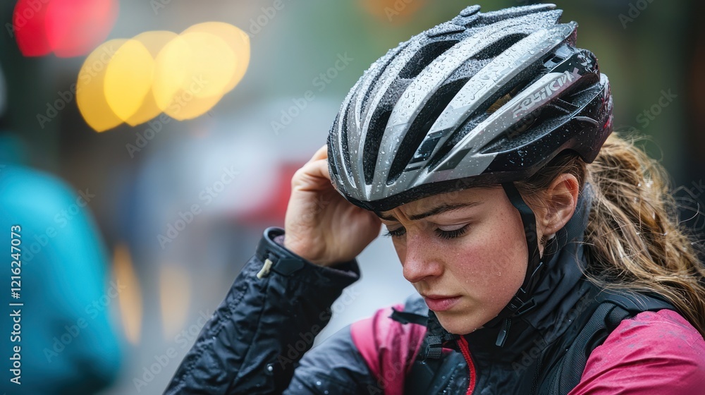 A cyclist adjusting their helmet before starting a ride. A cyclist adjusting their helmet before starting a ride.