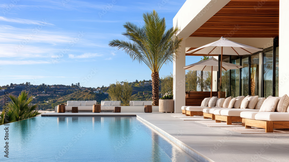 Fototapeta premium Luxurious poolside view with palm trees and modern cabanas in sunlight
