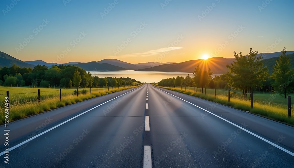 Scenic Sunrise Over Mountain Lake with Empty Asphalt Road Leading to the Horizon Scenic Sunrise Over Mountain Lake with Empty Asphalt Road Leading to the Horizon