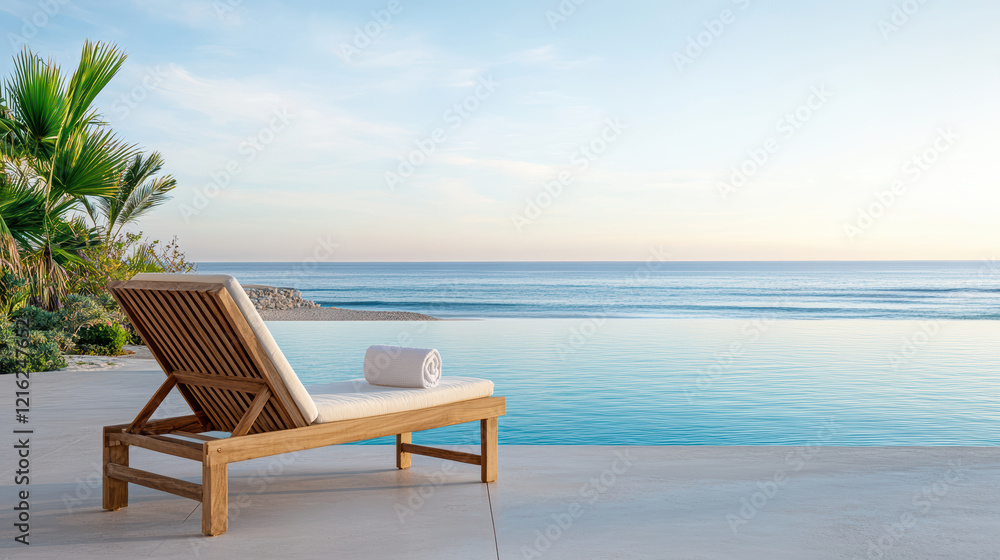 Fototapeta premium serene beach sunset with poolside lounge chair overlooking ocean