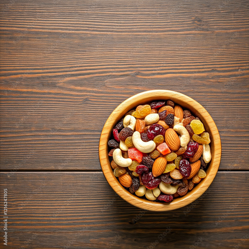 nuts and dried fruits in a wooden bowl. Dried fruits and nuts mix in a wooden table. nuts and dried fruits in a wooden bowl. Dried fruits and nuts mix in a wooden table.
