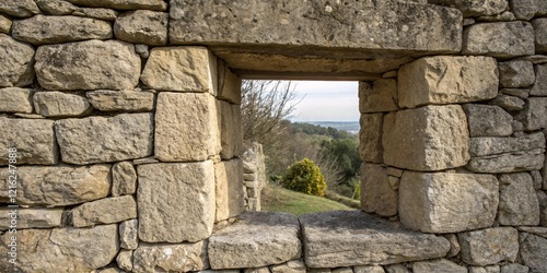 Scenic Countryside View through Rustic Stone Window