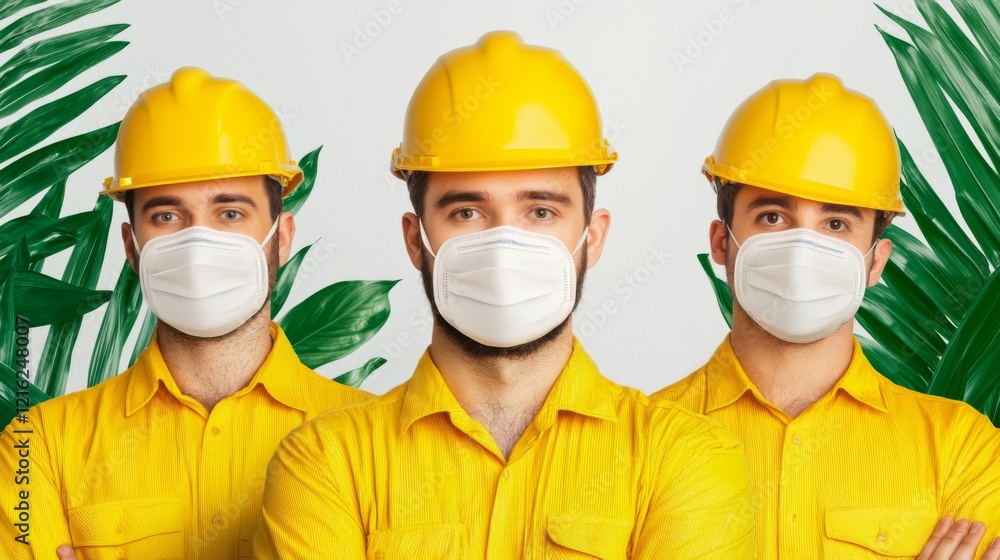 Construction workers in yellow helmets and masks urban setting portrait photography indoor environment focused perspective Construction workers in yellow helmets and masks urban setting portrait photography indoor environment focused perspective