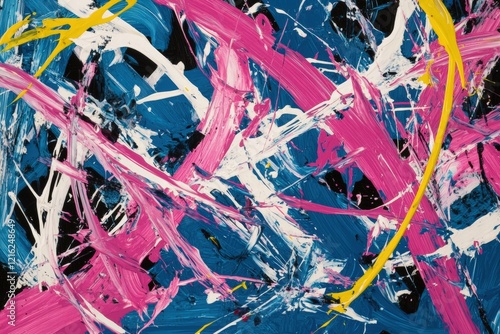 Abstract painting with vibrant colors including pink, blue and yellow showcasing dynamic brush strokes and texture, ideal for modern art decor or creative design projects. photo