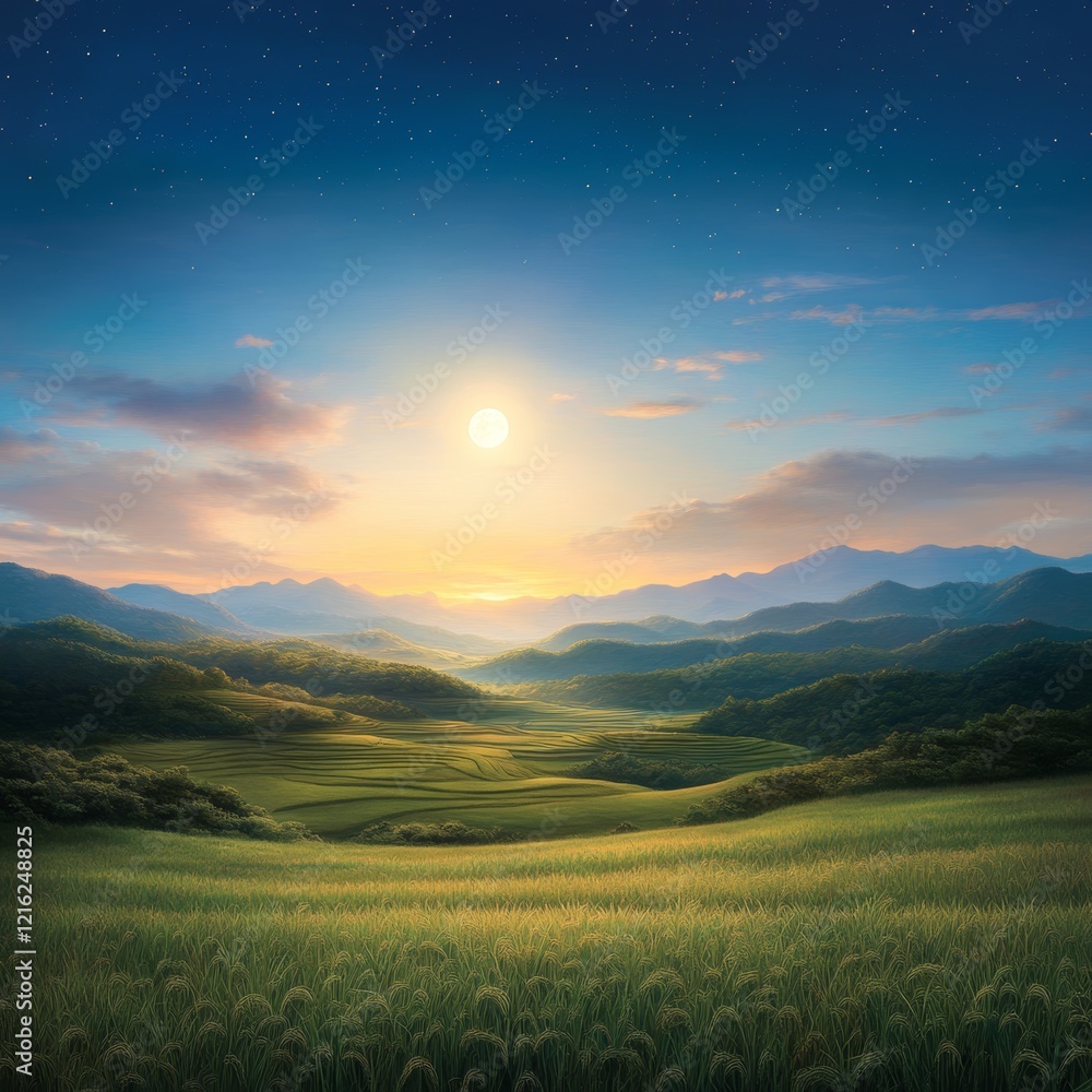 Obraz premium Serene Sunset Over Rolling Hills and Rice Paddies