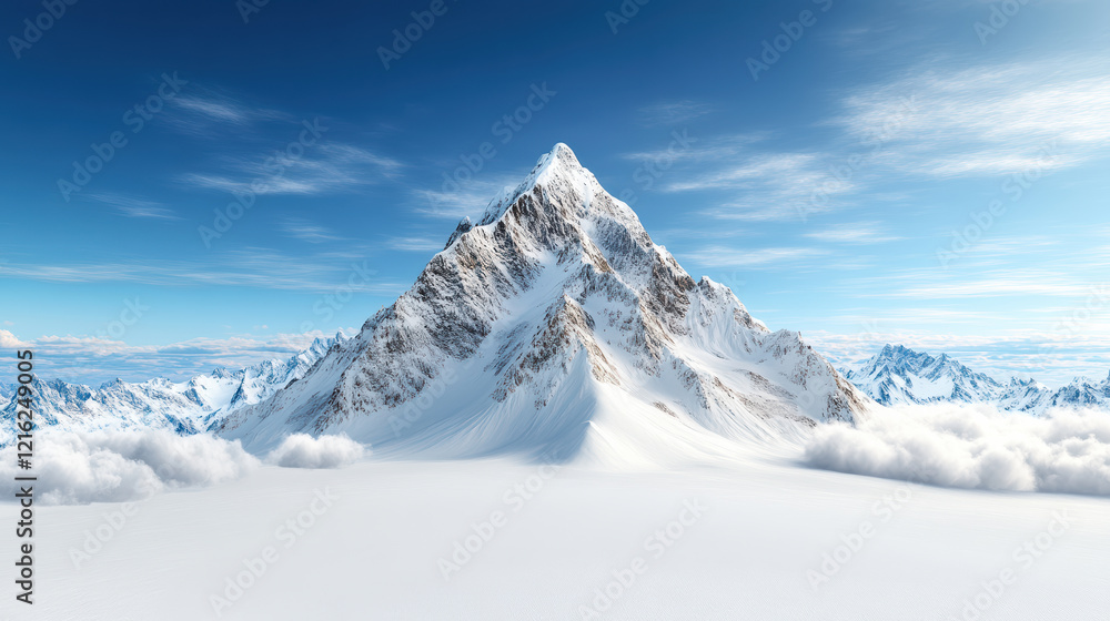 Fototapeta premium snowy mountain peak rises majestically against clear blue sky, evoking tranquility