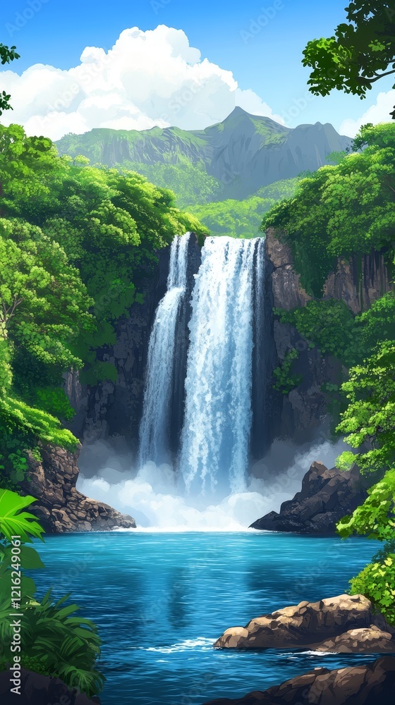 Serene Waterfall Cascading into a Lush Tropical Valley Serene Waterfall Cascading into a Lush Tropical Valley