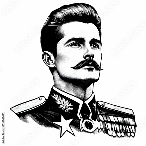 Stylized Portrait of a Military Officer with a Distinguished Mustache and Uniform photo