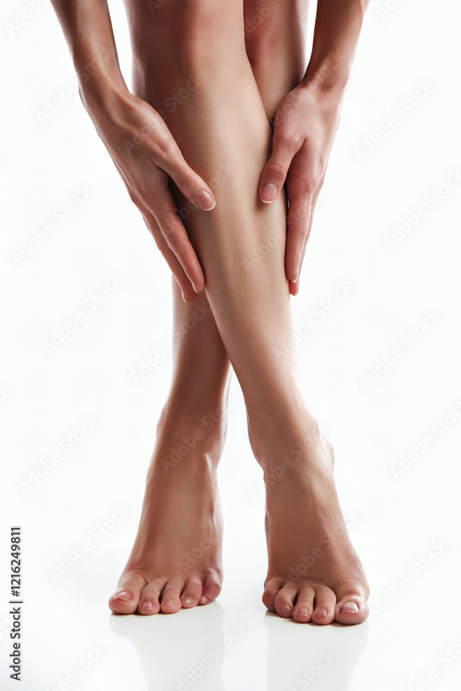 A close-up studio shot focusing solely on a woman’s legs below the knees, with her bare feet positioned gracefully. The toes are softly crossed at the front, creating a feminine and elegant silhouette A close-up studio shot focusing solely on a woman’s legs below the knees, with her bare feet positioned gracefully. The toes are softly crossed at the front, creating a feminine and elegant silhouette