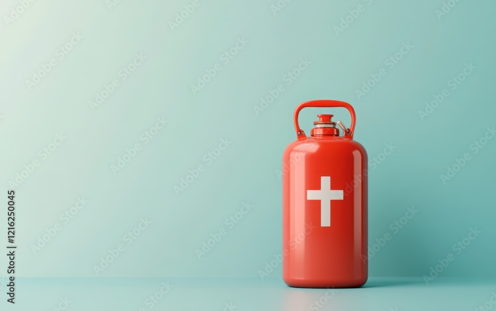 Red plastic gas canister with a cross sign on a pale blue background, 3D rendering illustration. High resolution, sharp focus, realistic detail, no shadows, minimalistic style. Red plastic gas canister with a cross sign on a pale blue background, 3D rendering illustration. High resolution, sharp focus, realistic detail, no shadows, minimalistic style.