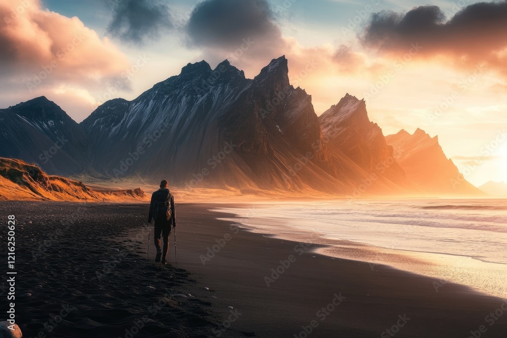 A lone hiker walks along a black sand beach at sunset, majestic mountains silhouetted against a vibrant sky. A lone hiker walks along a black sand beach at sunset, majestic mountains silhouetted against a vibrant sky.