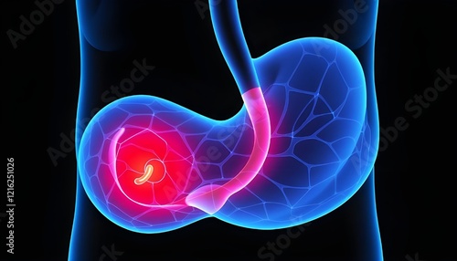 Digital illustration of the human stomach, featuring blue lines outlining its structure. The pyloric sphincter is highlighted with a red glow.