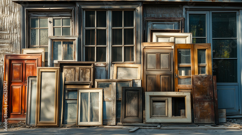 A stack of antique window frames against a weathered wooden facade