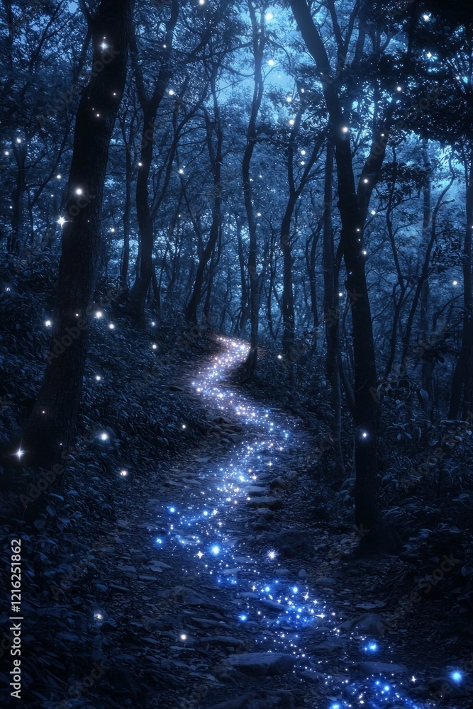 Fototapeta premium A mystical starry path winding through a dense, enchanted forest, with glowing stars lighting the way amidst towering, shadowy trees. -