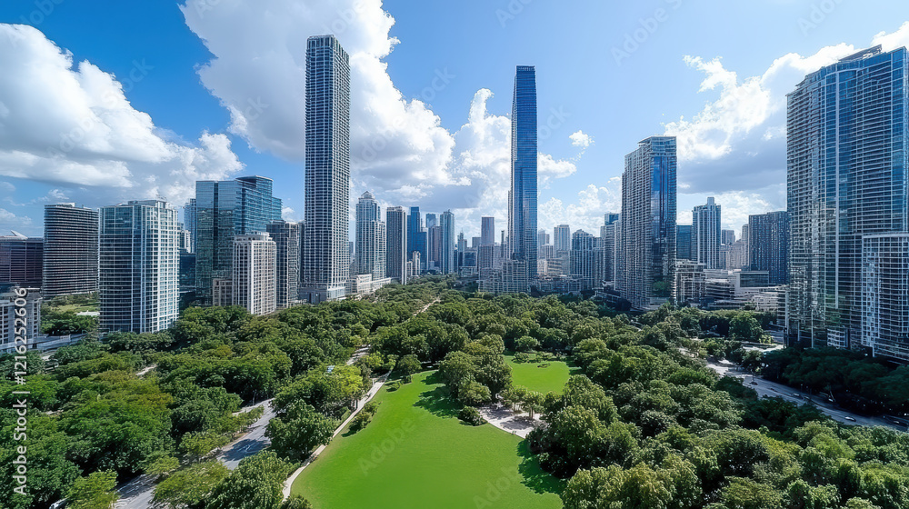 Fototapeta premium Aerial view of vibrant urban area with skyscrapers and green park