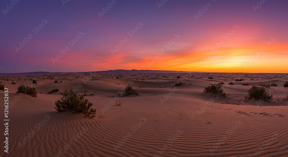A panoramic view of the desert during twilight, with the sky transitioning from purple to orange. A panoramic view of the desert during twilight, with the sky transitioning from purple to orange.