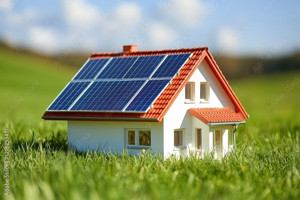 Model home with solar panels on a grassy field. Illustrates sustainable, eco-friendly housing. Model home with solar panels on a grassy field. Illustrates sustainable, eco-friendly housing.