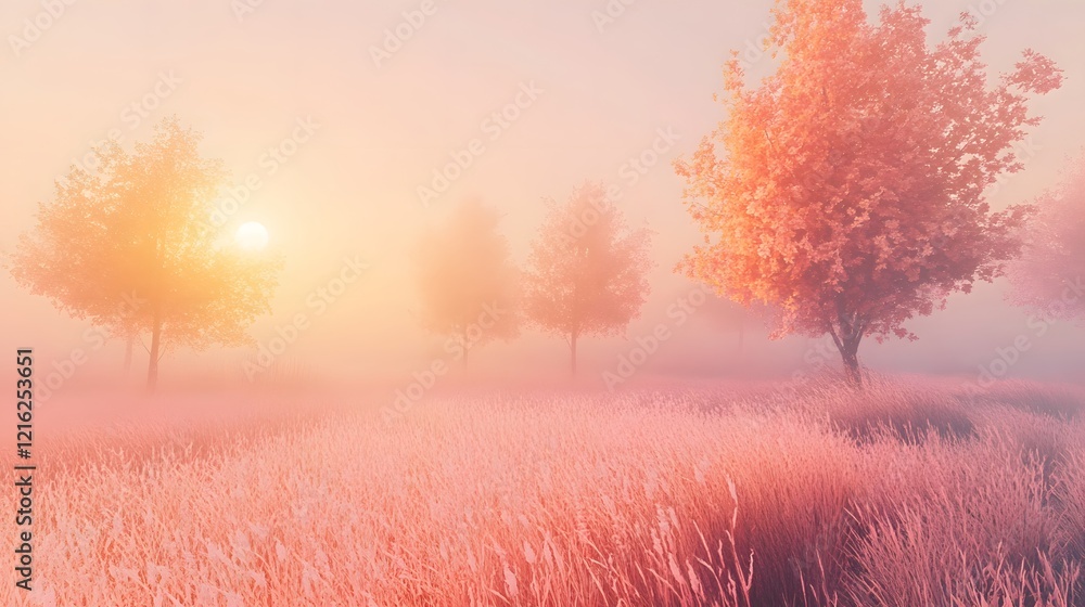 Naklejka premium Majestic sunrise paints the sky with vibrant hues over a tranquil winter landscape