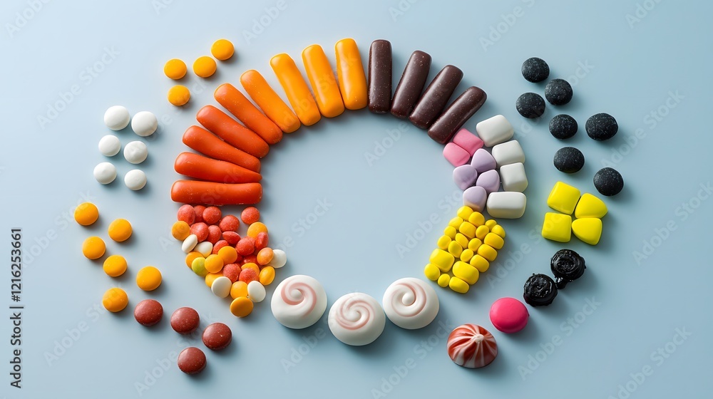 Obraz premium Colorful candy circle display food art whimsical arrangement playful environment top view creative concept