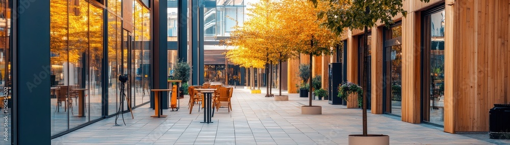 Naklejka premium Chic open-air mall featuring modern wireless charging stations for a seamless shopping experience.