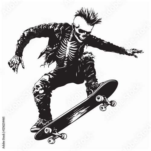 Punk Rock Skeleton Riding a Skateboard with Iconic Style Vector Illustration