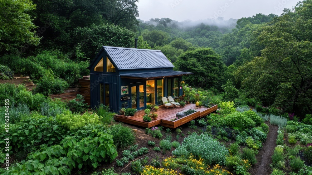 A charming tiny home nestled within a thriving permaculture garden, showcasing sustainable living in harmony with nature. A charming tiny home nestled within a thriving permaculture garden, showcasing sustainable living in harmony with nature.