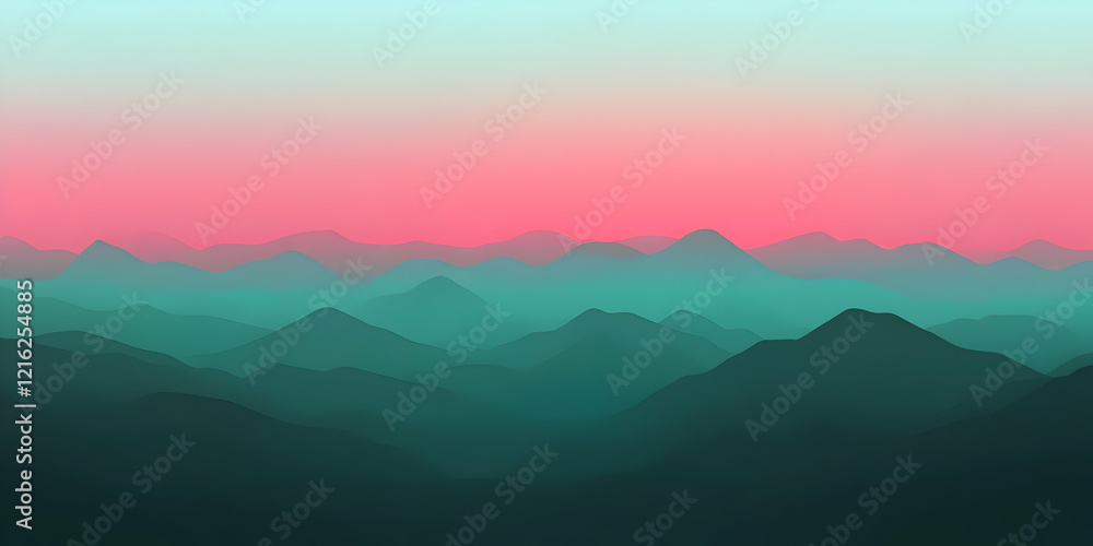 Misty Mountain Range with Pink and Teal Gradient: An Abstract Landscape Illustration Misty Mountain Range with Pink and Teal Gradient: An Abstract Landscape Illustration