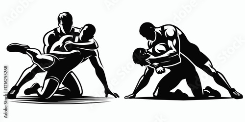 Two pairs of wrestlers engage in grappling, showcasing strength and technique in a dynamic competition.