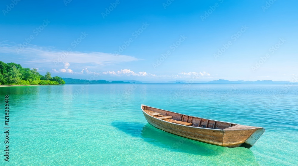 Naklejka premium Tranquil Tropical Getaway Wooden Boat in Crystal Clear Water