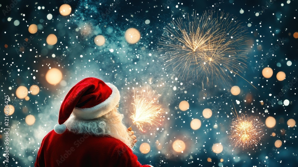 Santa Claus admires fireworks display, snow falling. Perfect for festive season greeting cards or New Year's celebrations. Santa Claus admires fireworks display, snow falling. Perfect for festive season greeting cards or New Year's celebrations.