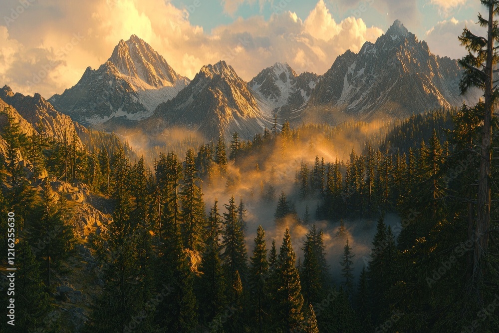 Fototapeta premium A mountainous region with misty peaks and dense forests, bathed in golden sunlight.