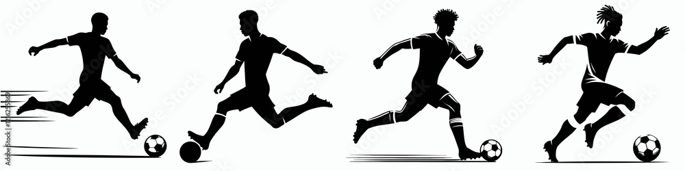 Obraz premium Four silhouettes of soccer players showcase various actions: running, dribbling, and kicking a ball, emphasizing movement and athleticism.