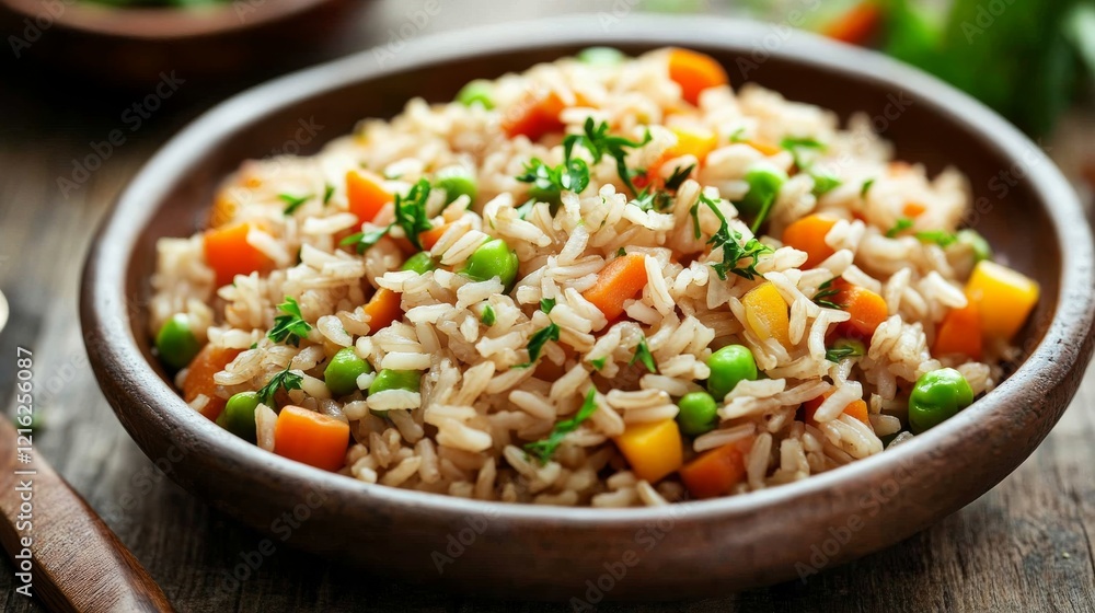 Brown rice with vegetables on a rustic ceramic plate, emphasizing wholesome and hearty appearance. Ideal for healthy meal plans and recipe sharing. Brown rice with vegetables on a rustic ceramic plate, emphasizing wholesome and hearty appearance. Ideal for healthy meal plans and recipe sharing.