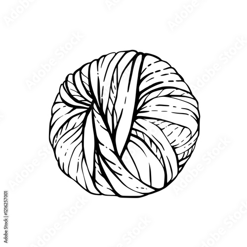 Ball of yarn. Round skein of knitting thread. Vector black line art hand drawing illustration. Clipart for handmade design of materials for handicrafts, hobby Knitting product isolated from background