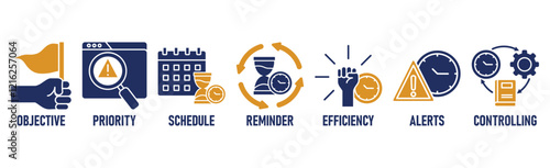  Time management banner web icon vector illustration concept with icon of objective, priority, schedule, reminder, efficiency, alerts, and controlling