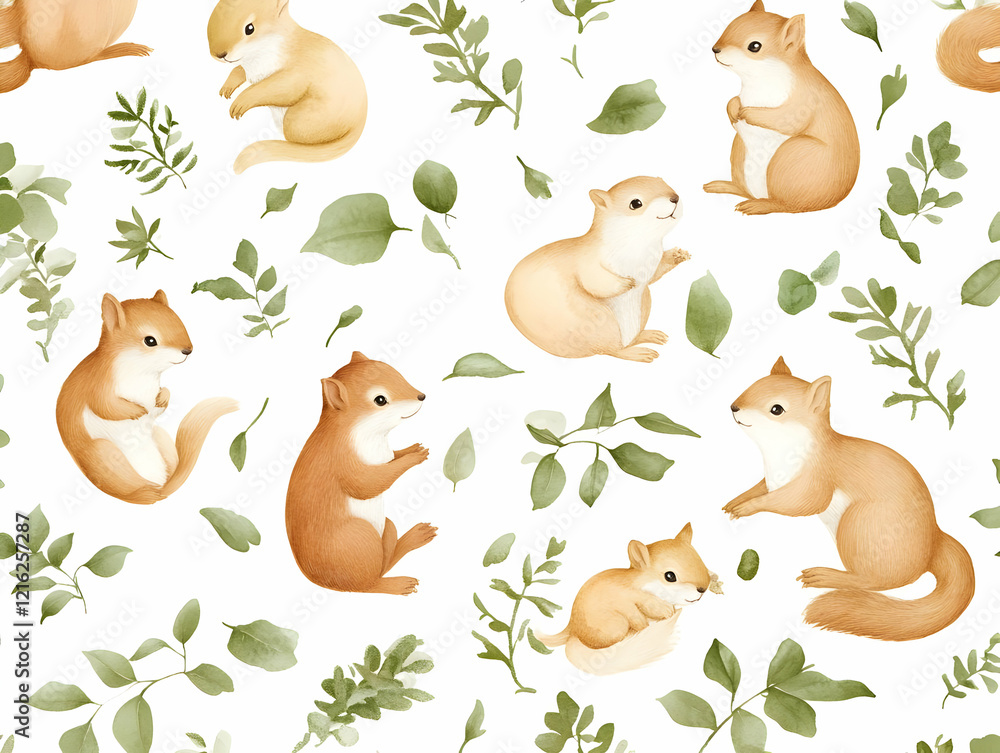 Naklejka premium Cute Squirrels and Leaves Watercolor Seamless Pattern Background Illustration Design