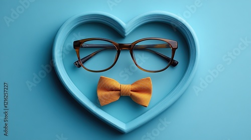 Celete Dad with a stylish ensemble A top view of a necktie, a bow tie clip, glasses, and more framed in a heart-shaped cutout is perfect for Father's Day greetings or ads on a pastel blue backdrop photo