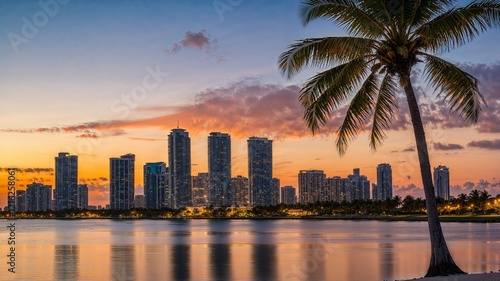 Miami Skyline and Bay at Sunset Framed by Palm Trees