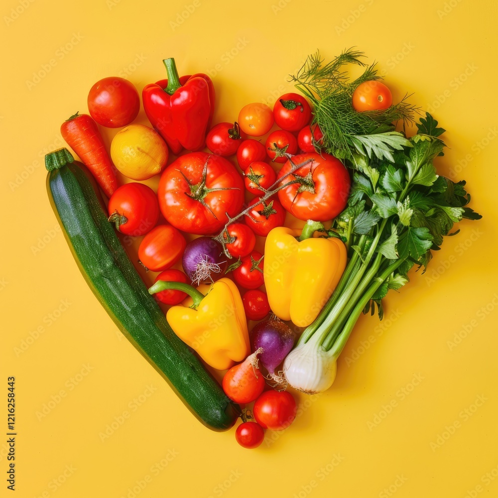 Heart-shaped assortment of fresh vegetables, including peppers, tomatoes, and broccoli, on a solid yellow background, symbolizing health. Heart-shaped assortment of fresh vegetables, including peppers, tomatoes, and broccoli, on a solid yellow background, symbolizing health.