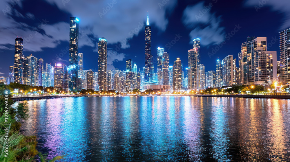Stunning city skyline at night with glowing lights reflecting on water Stunning city skyline at night with glowing lights reflecting on water