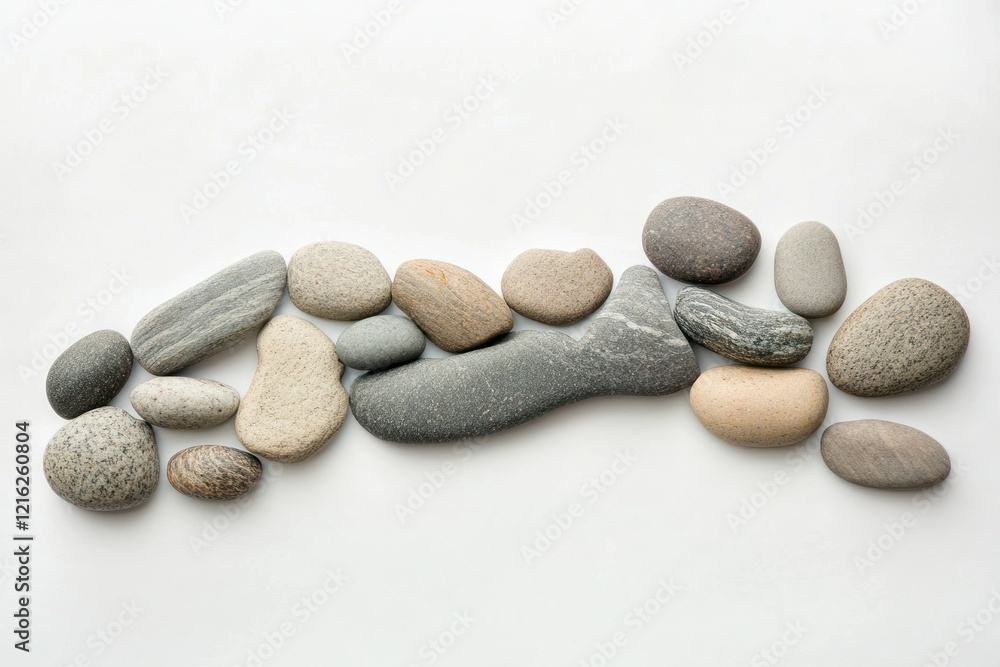 Smooth grey stones arranged in a line on white background. Smooth grey stones arranged in a line on white background.