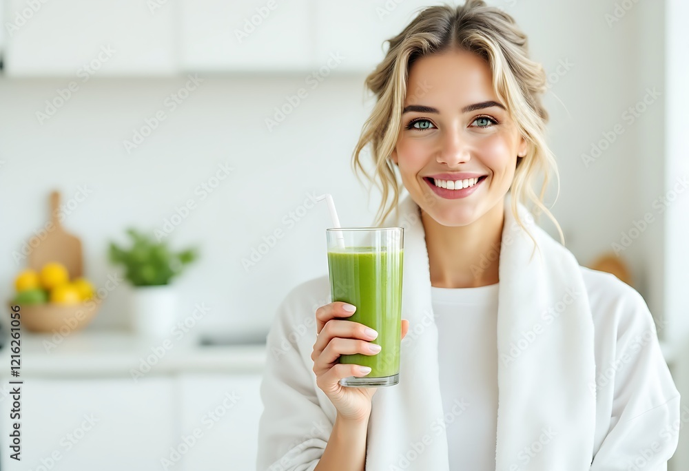 A smiling healthy woman showing a green smoothie in a white kitchen A smiling healthy woman showing a green smoothie in a white kitchen