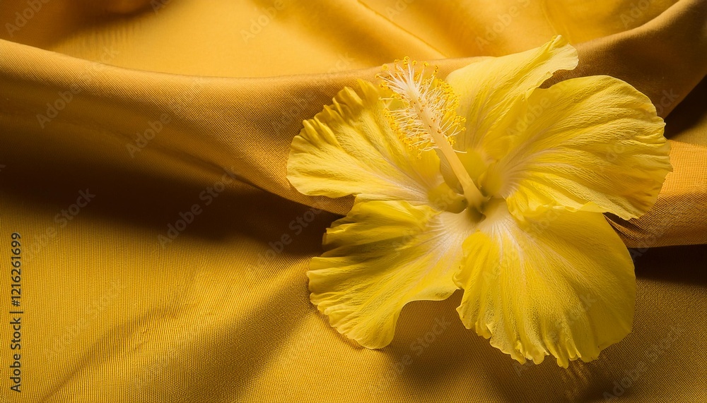 Obraz premium Yellow Hibiscus Flower on a Draped Soft Yellow Silk Fabric